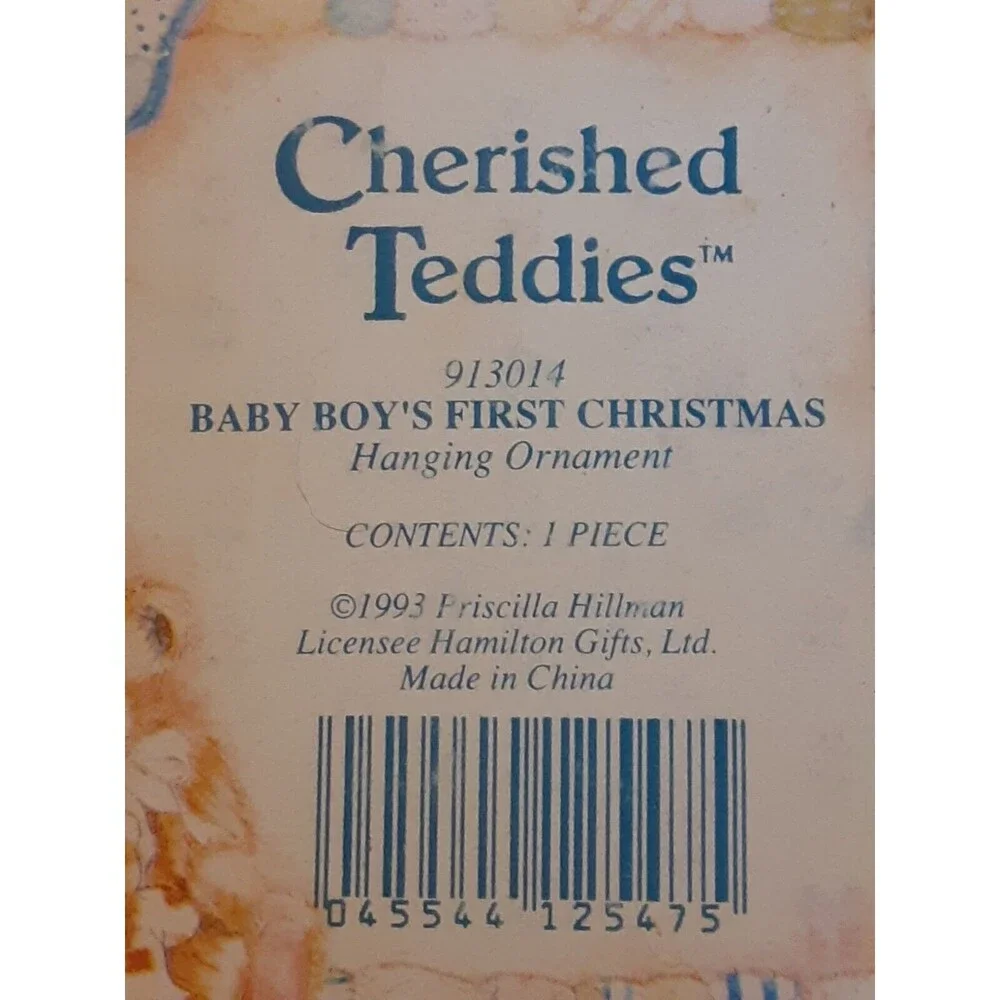 Cherished Teddies Enesco Baby Boy's First Christmas Ornament Dated 1993 in Box